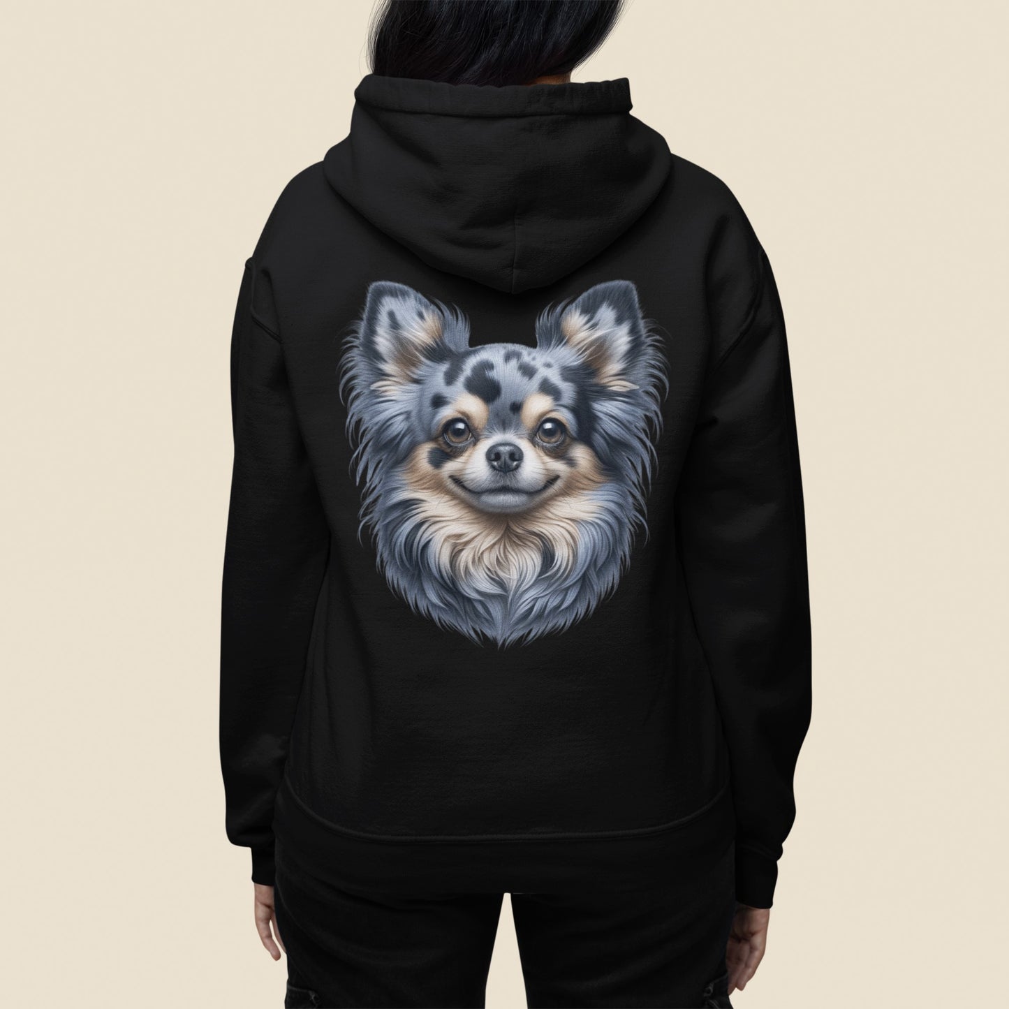 Chihuahua Blue Merle Pattern Long Coat Realistic Back Print Hoodie