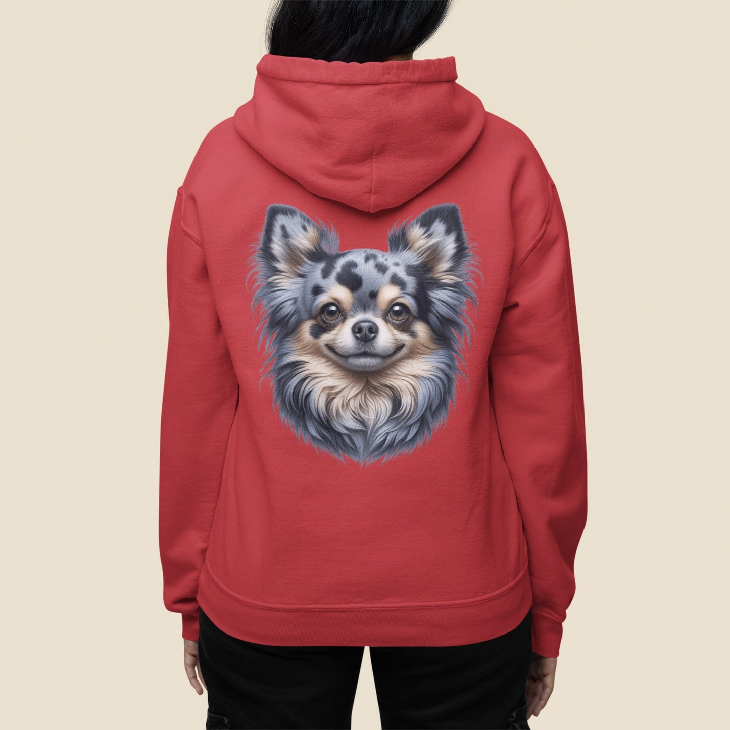 Chihuahua Blue Merle Pattern Long Coat Realistic Back Print Hoodie