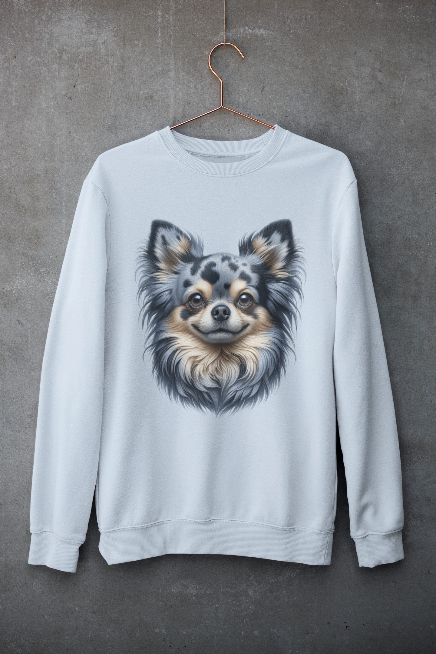 Chihuahua Blue Merle Pattern Long Coat Realistic Design Crewneck Sweatshirt