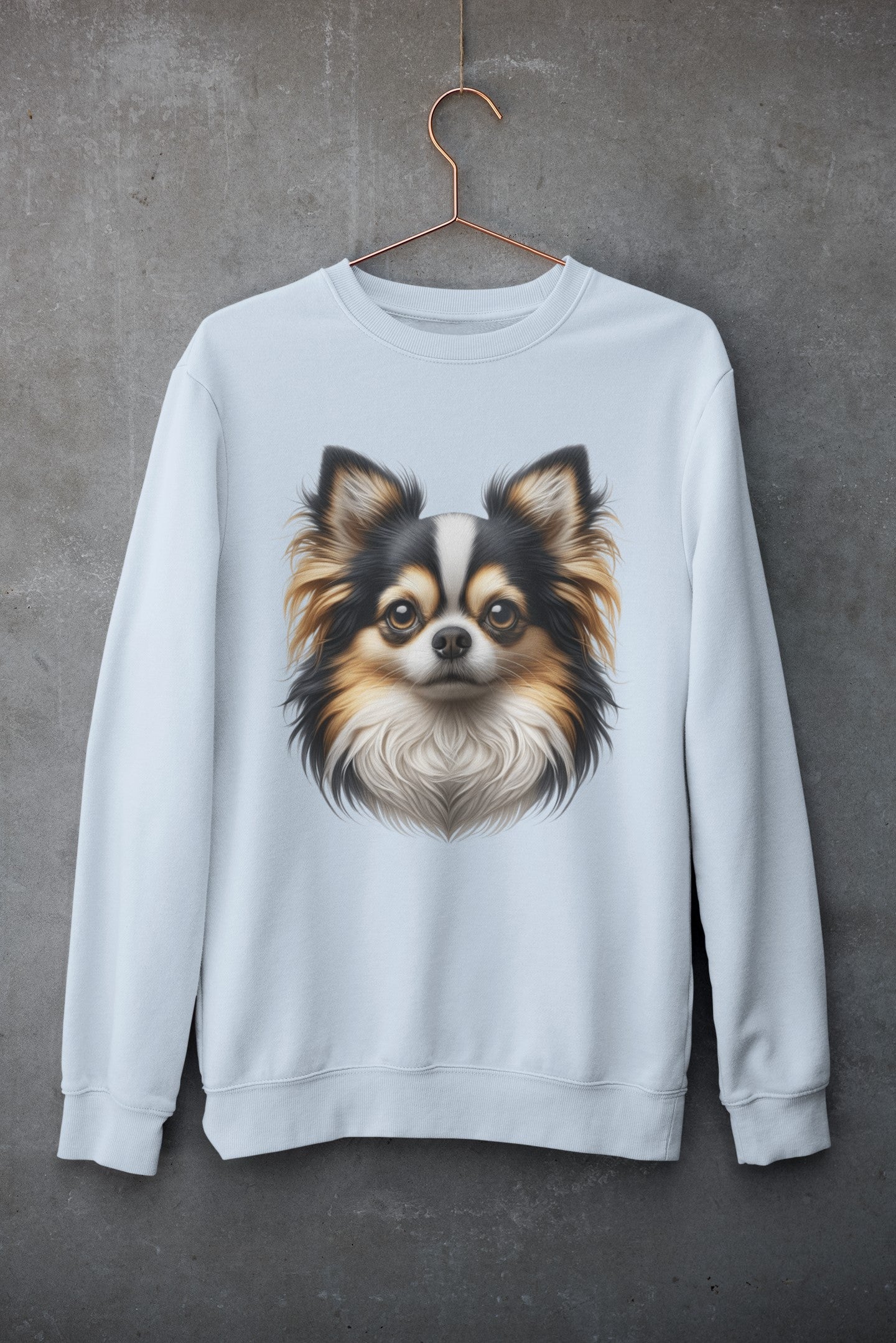 Chihuahua Tricolor Long Coat Realistic Design Crewneck Sweatshirt