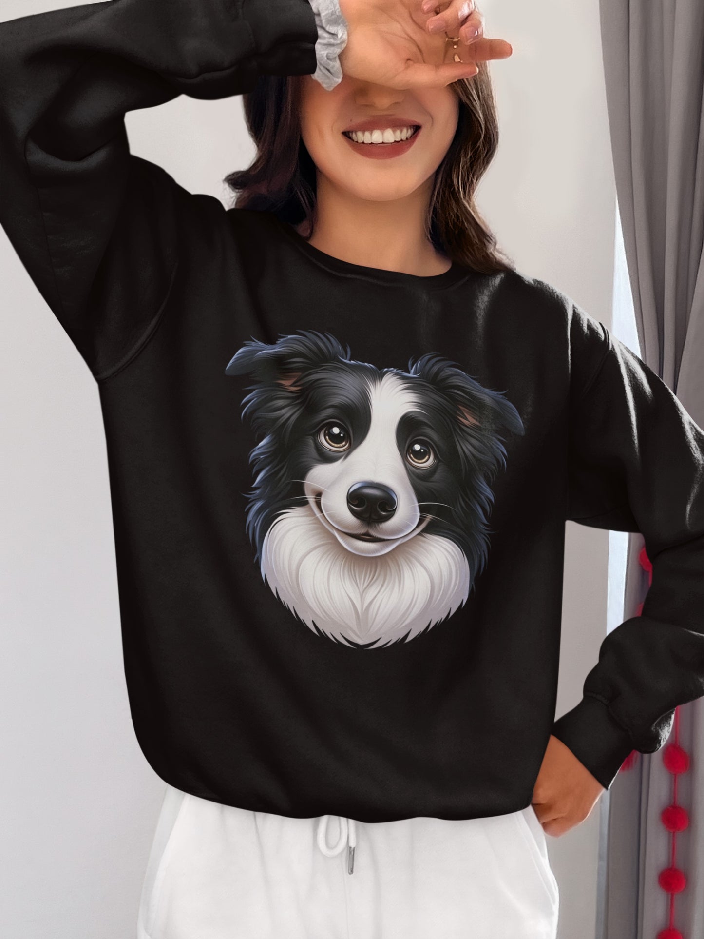 Border Collie Black & White Cartoon Design Crewneck Sweatshirt