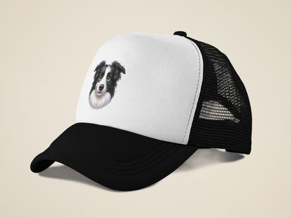 Border Collie Black & White Cartoon Portrait Trucker Caps