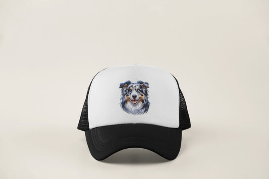 Australian Shepherd Blue Merle Cartoon Portrait Trucker Caps