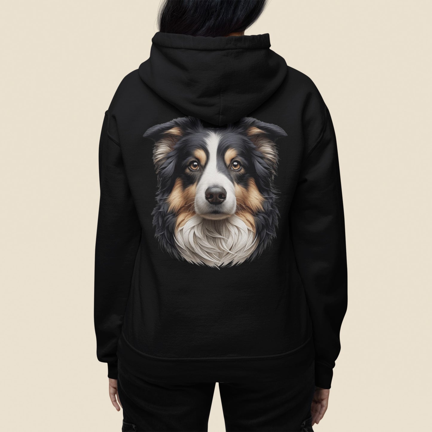 Australian Shepherd Black Tri Realistic Back Print Hoodie