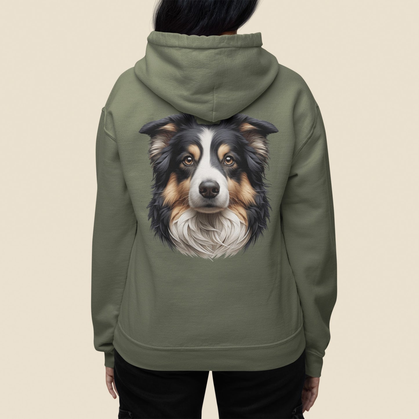 Australian Shepherd Black Tri Realistic Back Print Hoodie