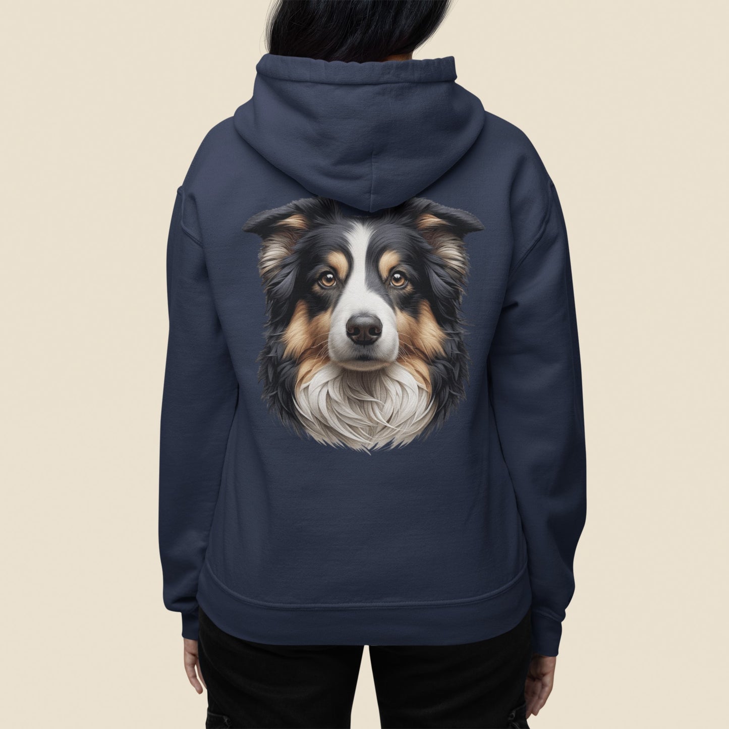 Australian Shepherd Black Tri Realistic Back Print Hoodie
