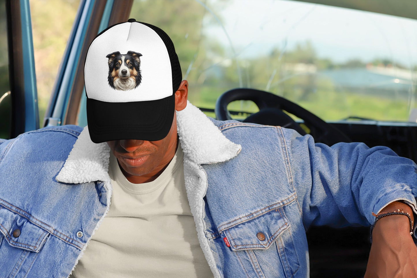 Australian Shepherd Black Tri Realistic Portrait Trucker Caps
