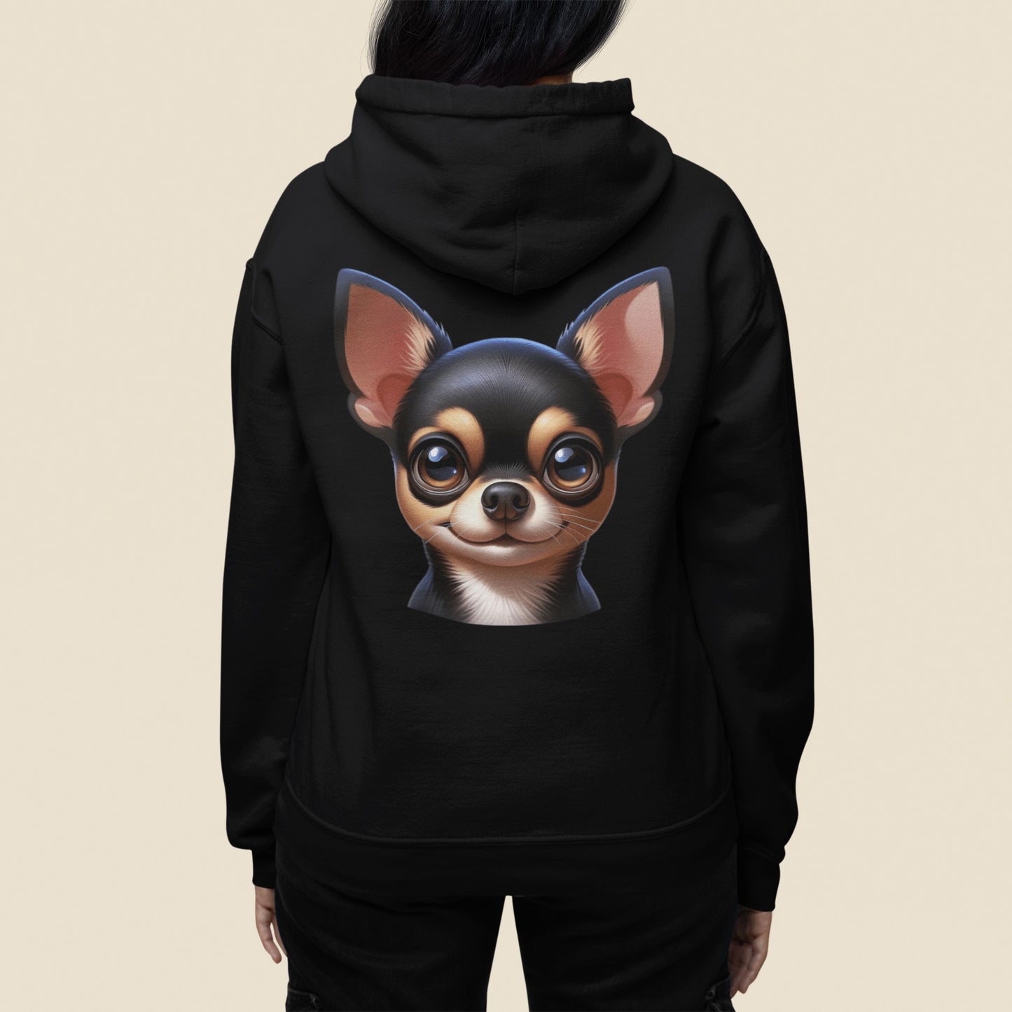 Chihuahua Black & Tan Smooth Coat Cartoon Back Print Hoodie