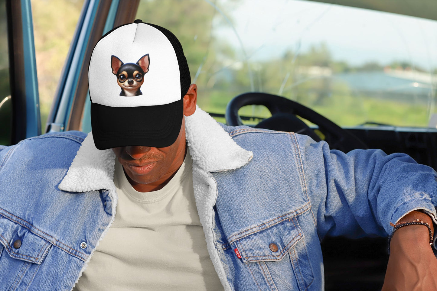 Chihuahua Black & Tan Smooth Coat Cartoon Portrait Trucker Caps