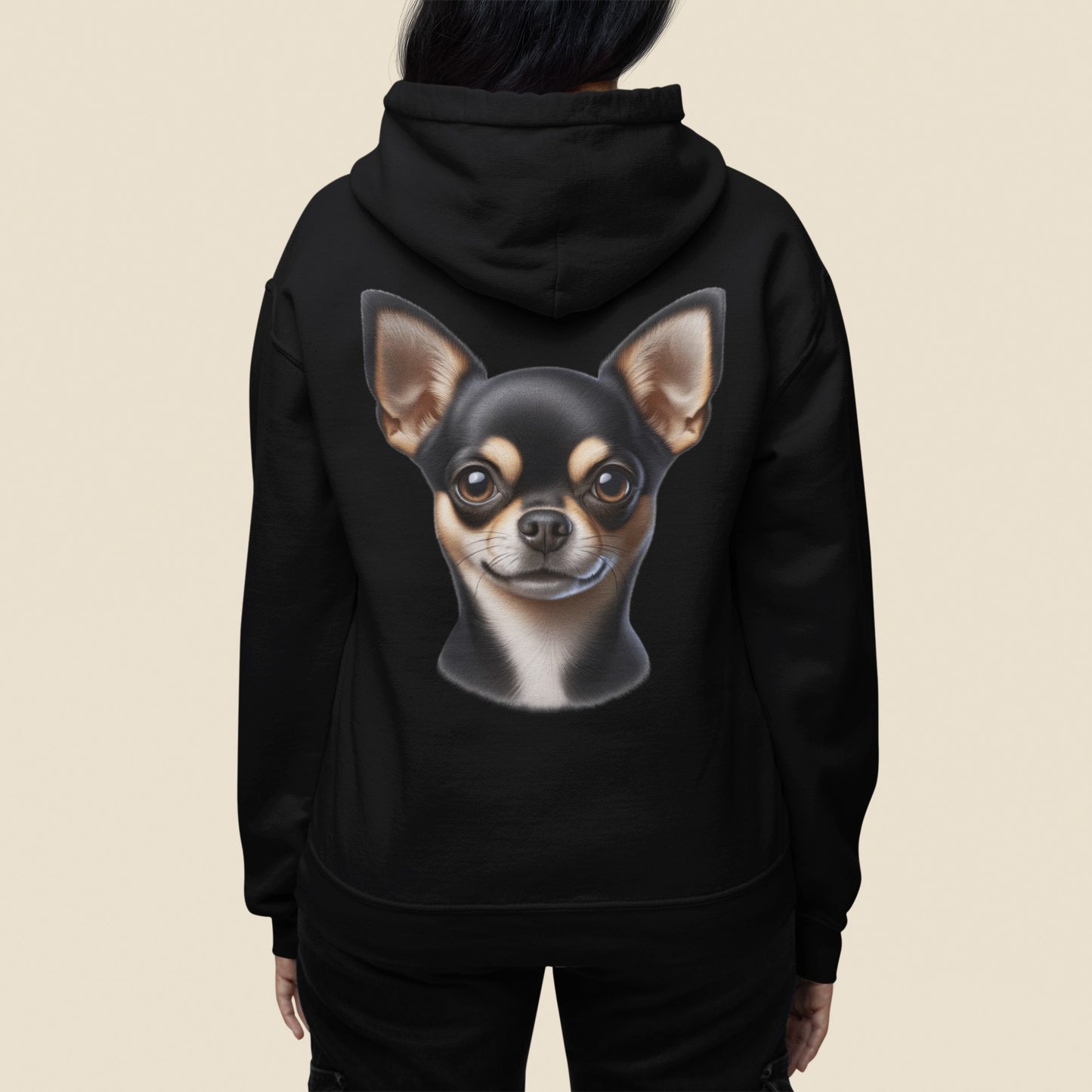 Chihuahua Black & Tan Smooth Coat Realistic Back Print Hoodie