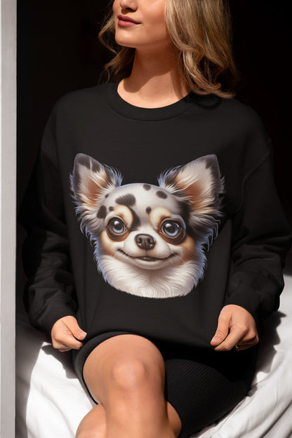 Chihuahua Blue Merle Pattern Long Coat Cartoon Design Crewneck Sweatshirt