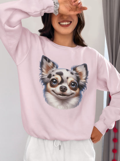 Chihuahua Blue Merle Pattern Long Coat Cartoon Design Crewneck Sweatshirt