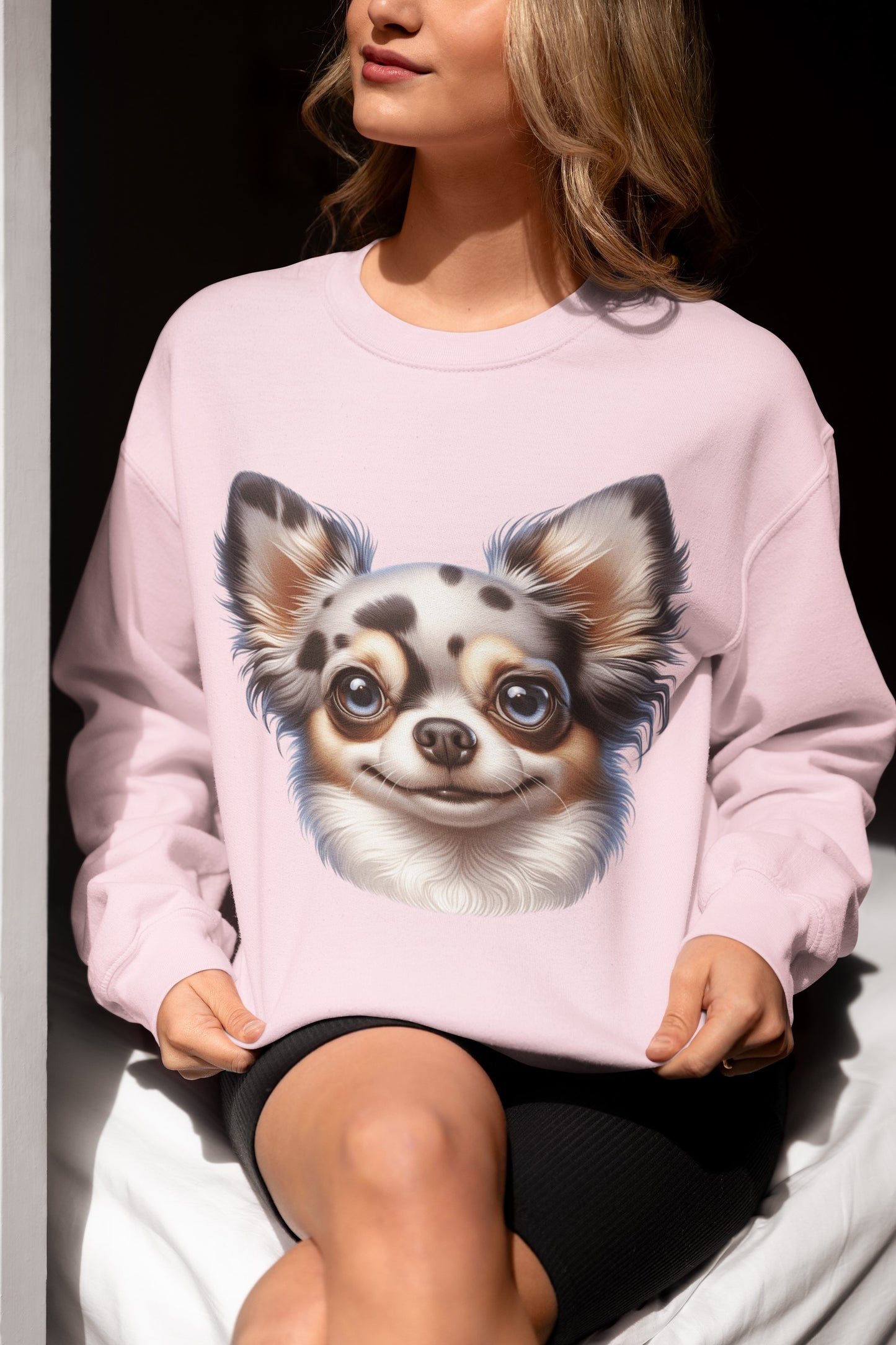 Chihuahua Blue Merle Pattern Long Coat Cartoon Design Crewneck Sweatshirt