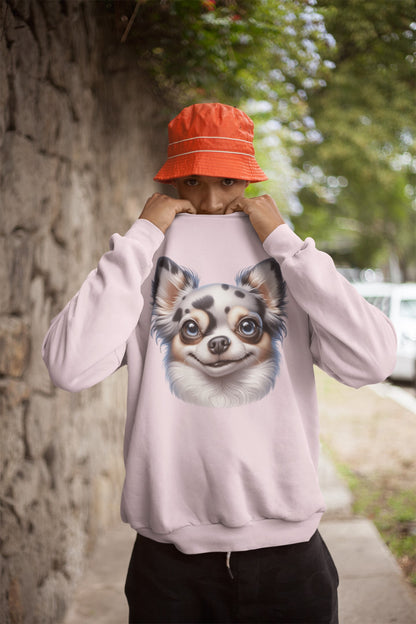 Chihuahua Blue Merle Pattern Long Coat Cartoon Design Crewneck Sweatshirt