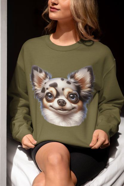 Chihuahua Blue Merle Pattern Long Coat Cartoon Design Crewneck Sweatshirt