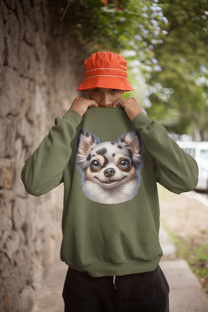 Chihuahua Blue Merle Pattern Long Coat Cartoon Design Crewneck Sweatshirt