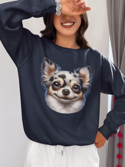 Chihuahua Blue Merle Pattern Long Coat Cartoon Design Crewneck Sweatshirt