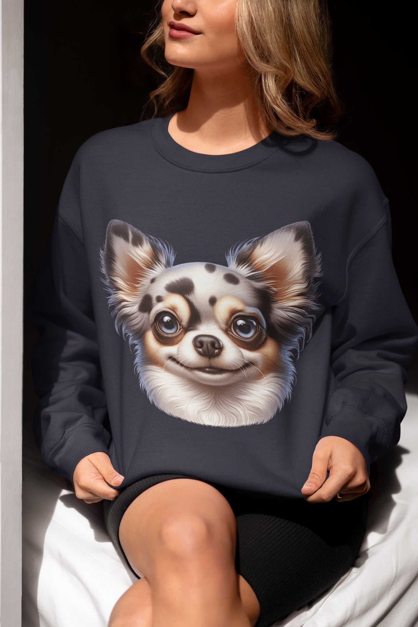 Chihuahua Blue Merle Pattern Long Coat Cartoon Design Crewneck Sweatshirt