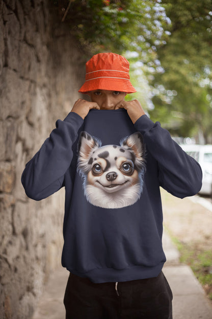 Chihuahua Blue Merle Pattern Long Coat Cartoon Design Crewneck Sweatshirt