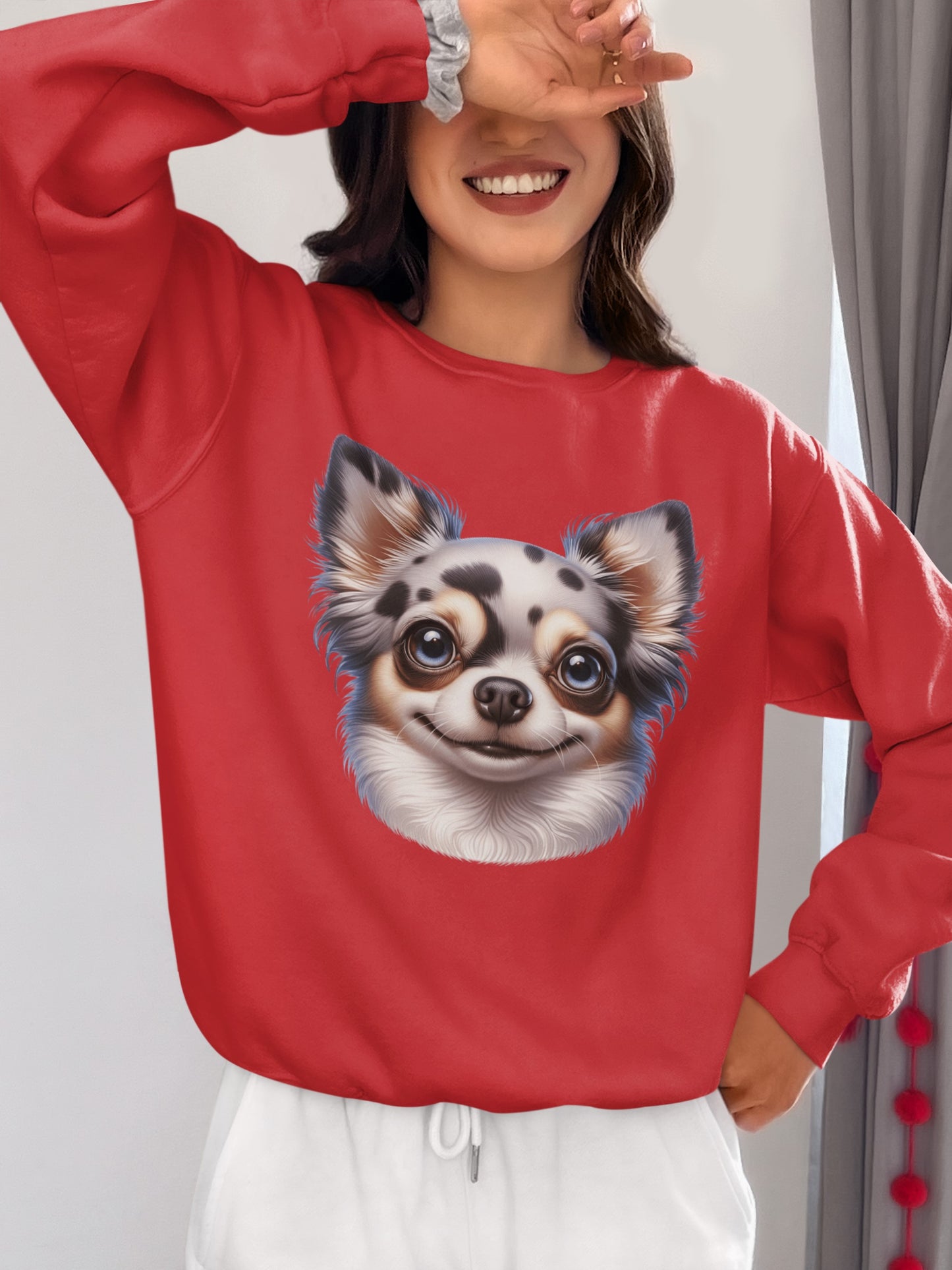 Chihuahua Blue Merle Pattern Long Coat Cartoon Design Crewneck Sweatshirt