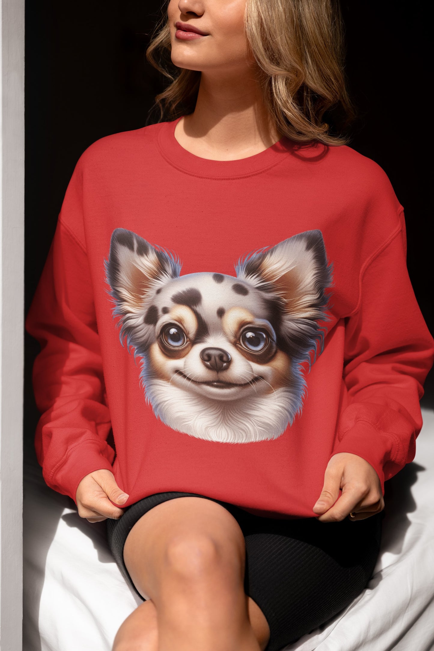 Chihuahua Blue Merle Pattern Long Coat Cartoon Design Crewneck Sweatshirt