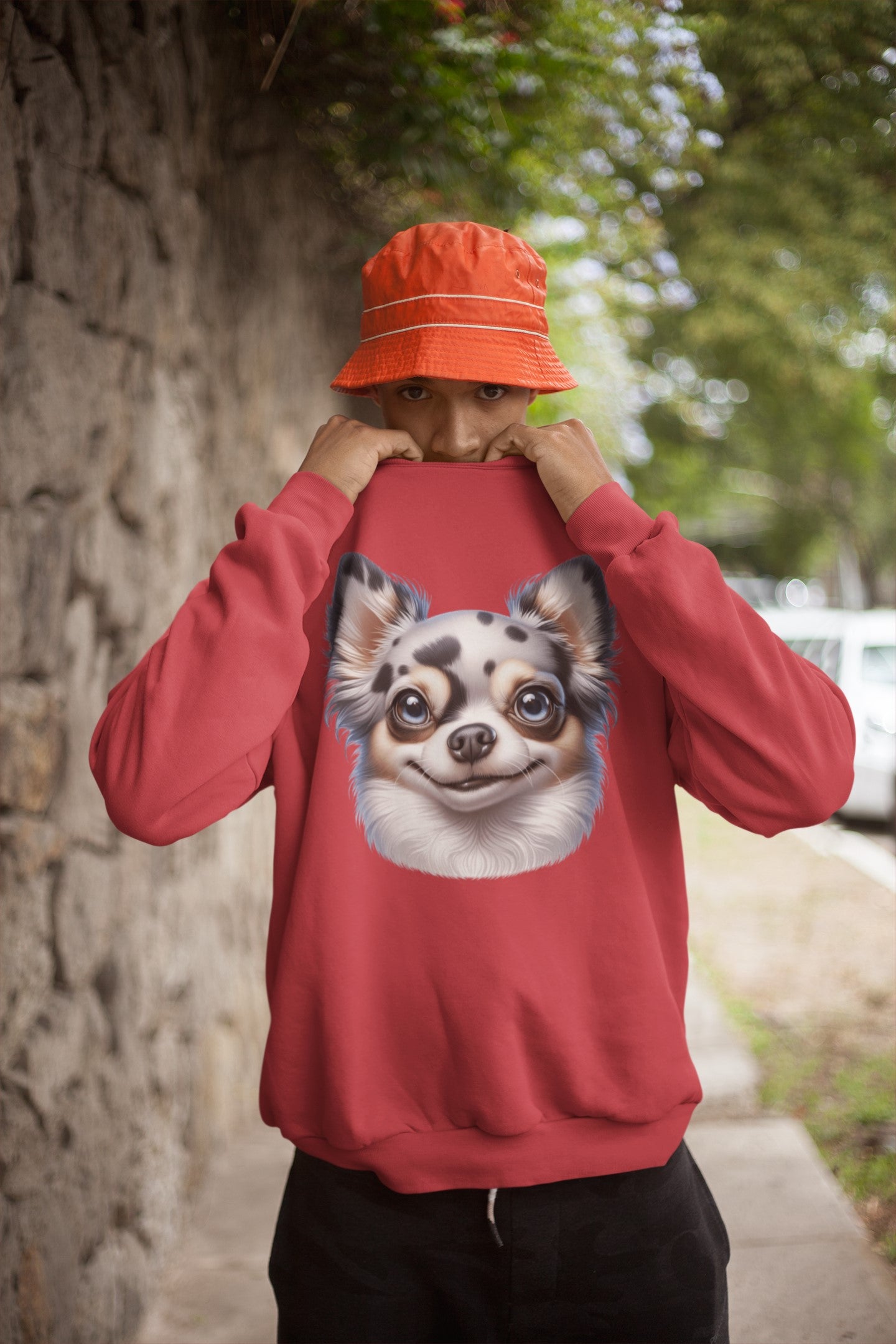 Chihuahua Blue Merle Pattern Long Coat Cartoon Design Crewneck Sweatshirt