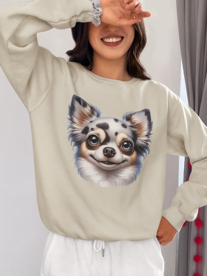 Chihuahua Blue Merle Pattern Long Coat Cartoon Design Crewneck Sweatshirt