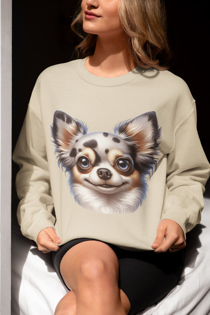 Chihuahua Blue Merle Pattern Long Coat Cartoon Design Crewneck Sweatshirt