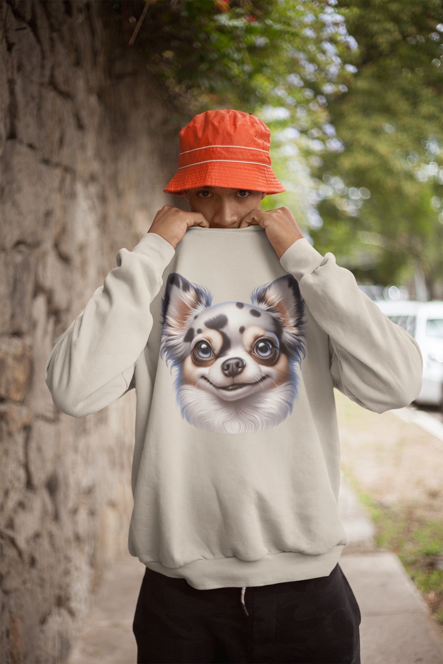 Chihuahua Blue Merle Pattern Long Coat Cartoon Design Crewneck Sweatshirt