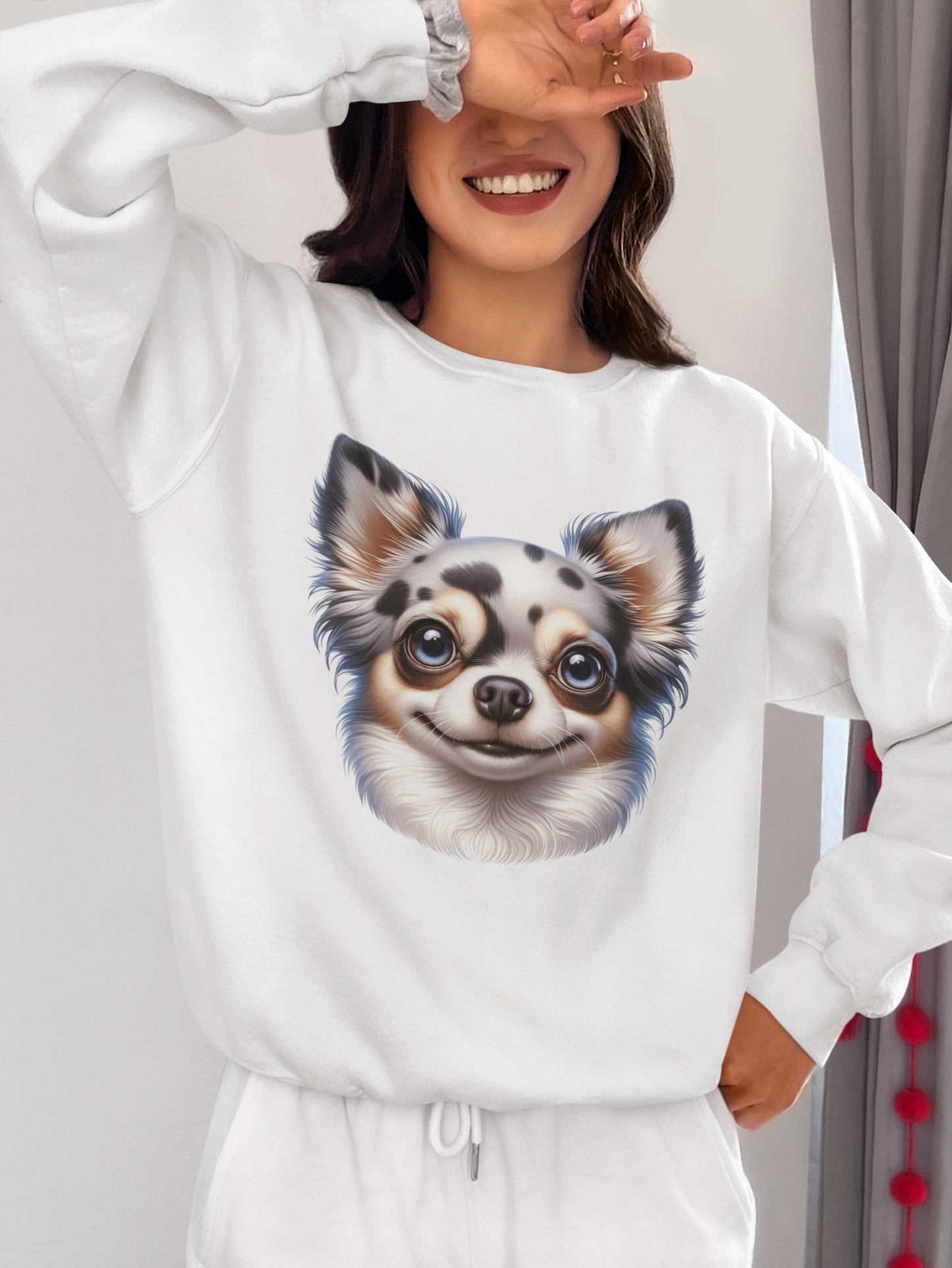 Chihuahua Blue Merle Pattern Long Coat Cartoon Design Crewneck Sweatshirt