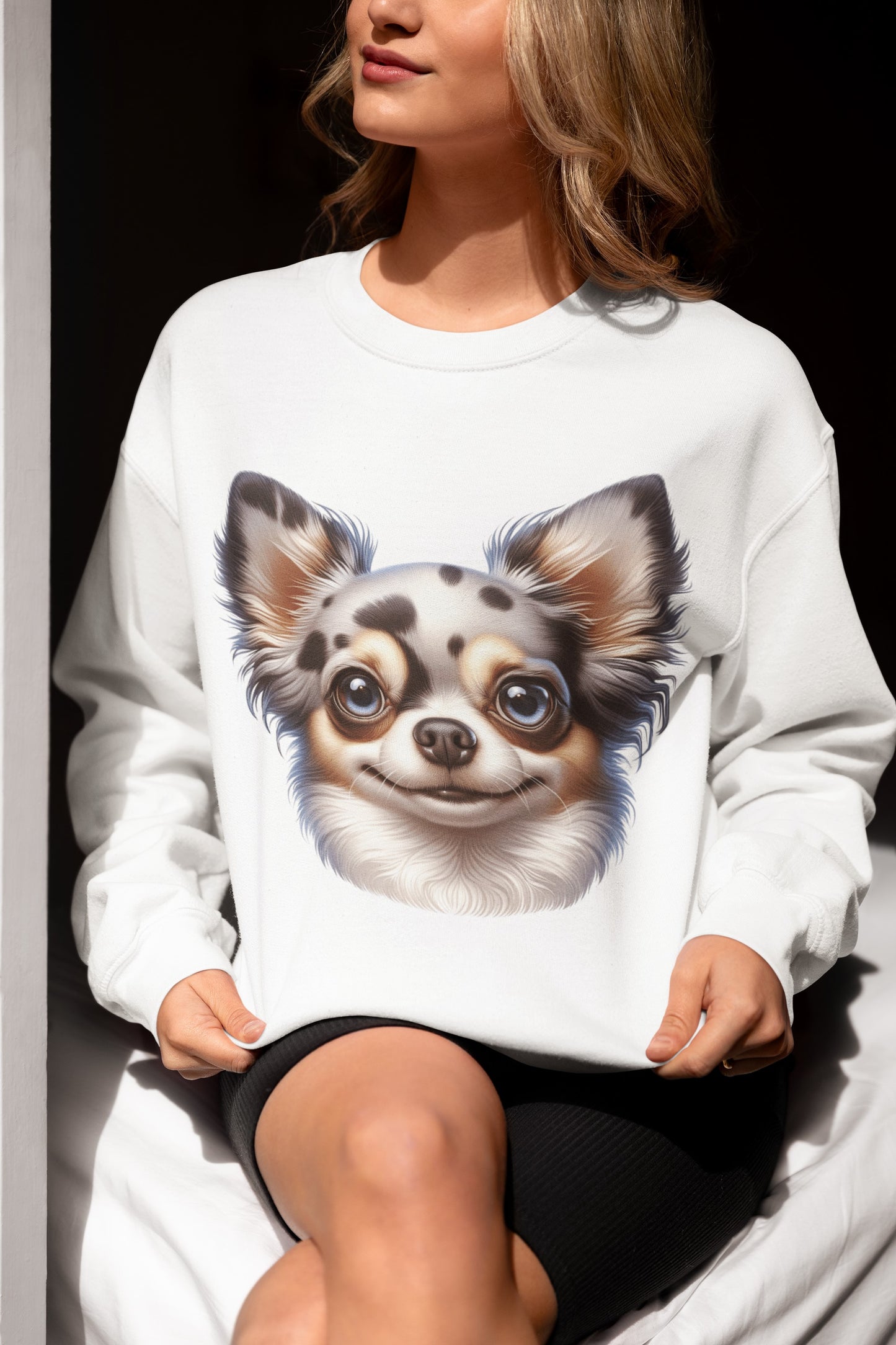 Chihuahua Blue Merle Pattern Long Coat Cartoon Design Crewneck Sweatshirt