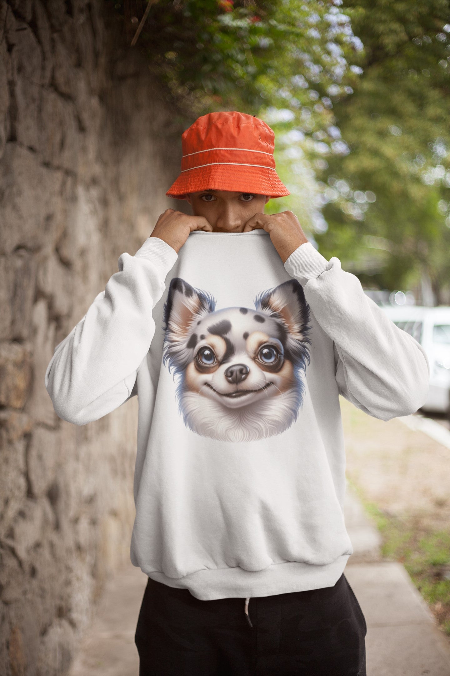 Chihuahua Blue Merle Pattern Long Coat Cartoon Design Crewneck Sweatshirt