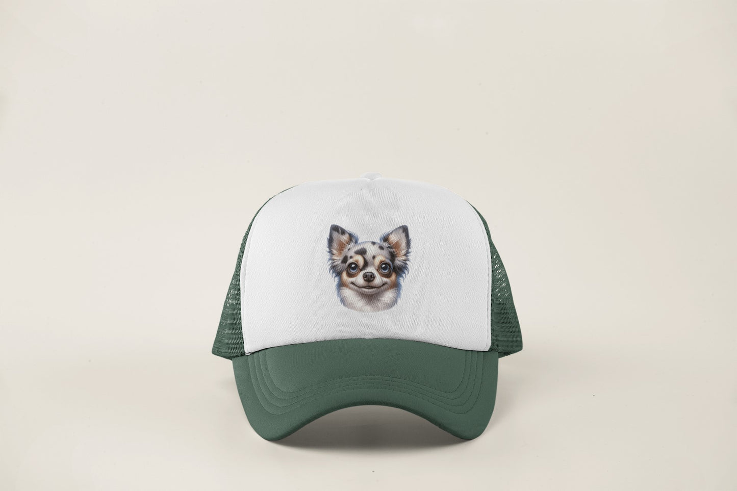 Chihuahua Blue Merle Pattern Long Coat Cartoon Portrait Trucker Caps