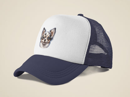 Chihuahua Blue Merle Pattern Long Coat Cartoon Portrait Trucker Caps