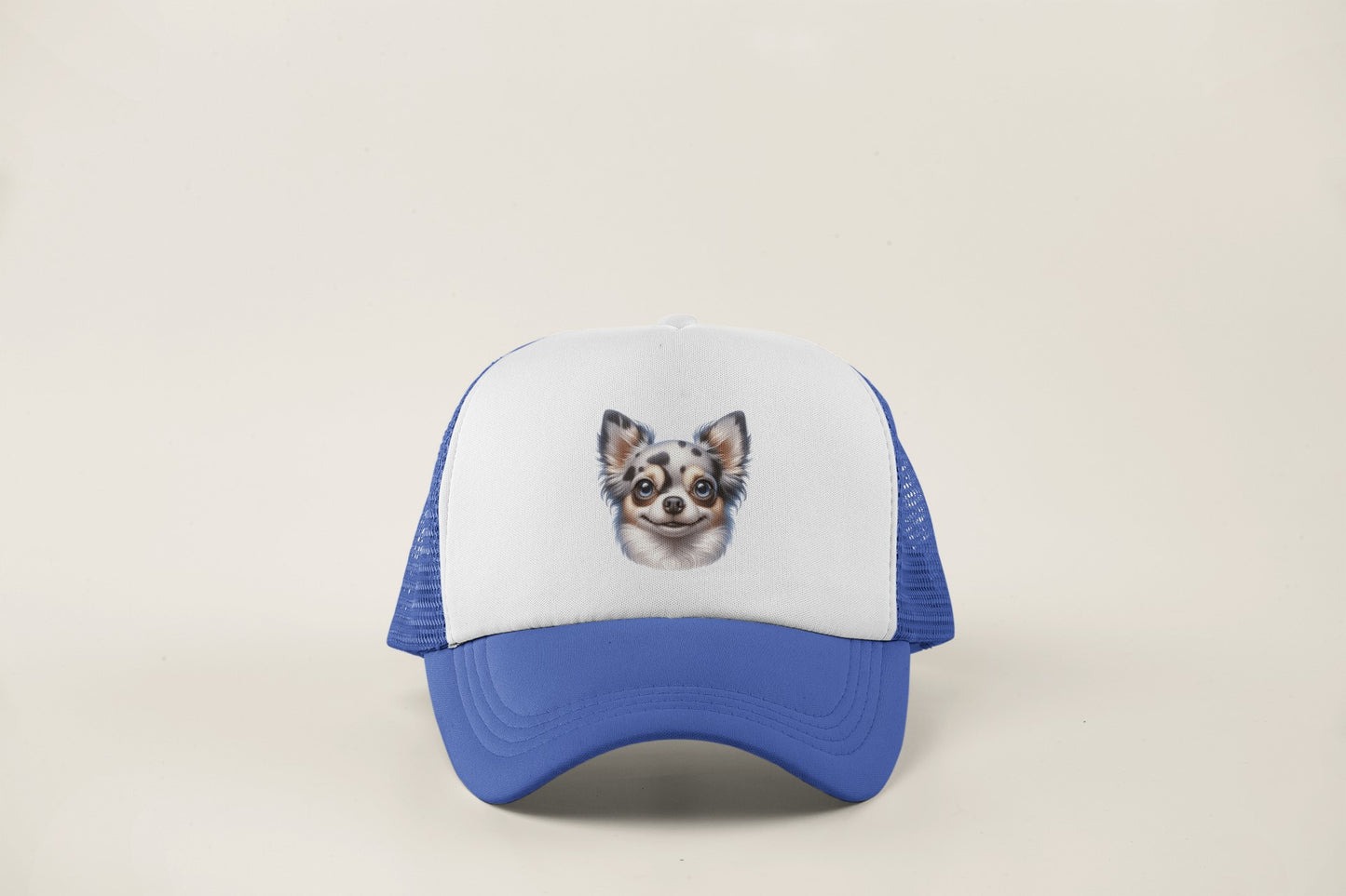 Chihuahua Blue Merle Pattern Long Coat Cartoon Portrait Trucker Caps