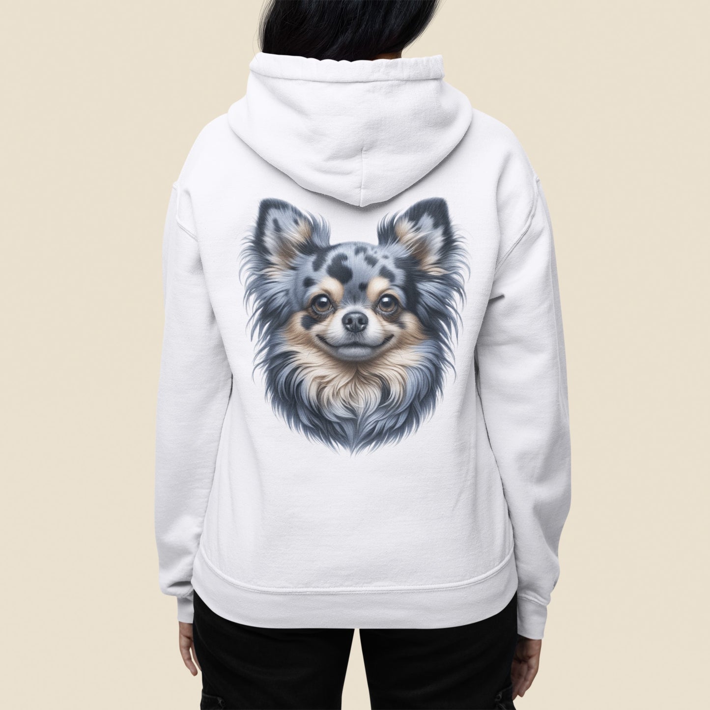 Chihuahua Blue Merle Pattern Long Coat Realistic Back Print Hoodie