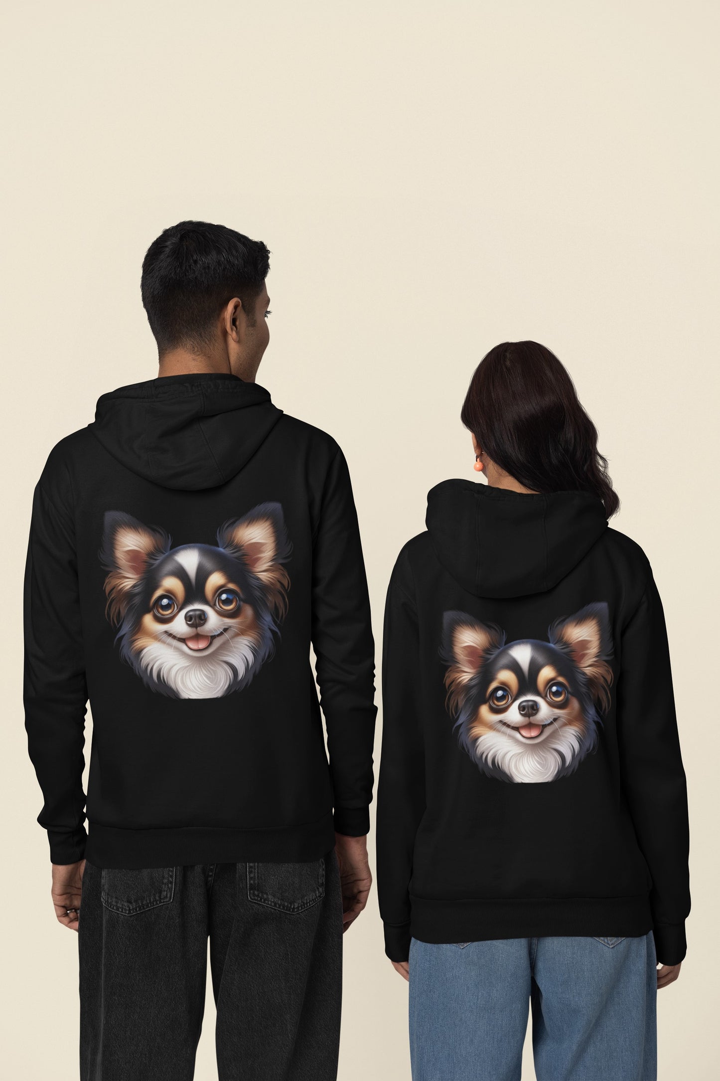 Chihuahua Tricolor Long Coat Cartoon Back Print Hoodie