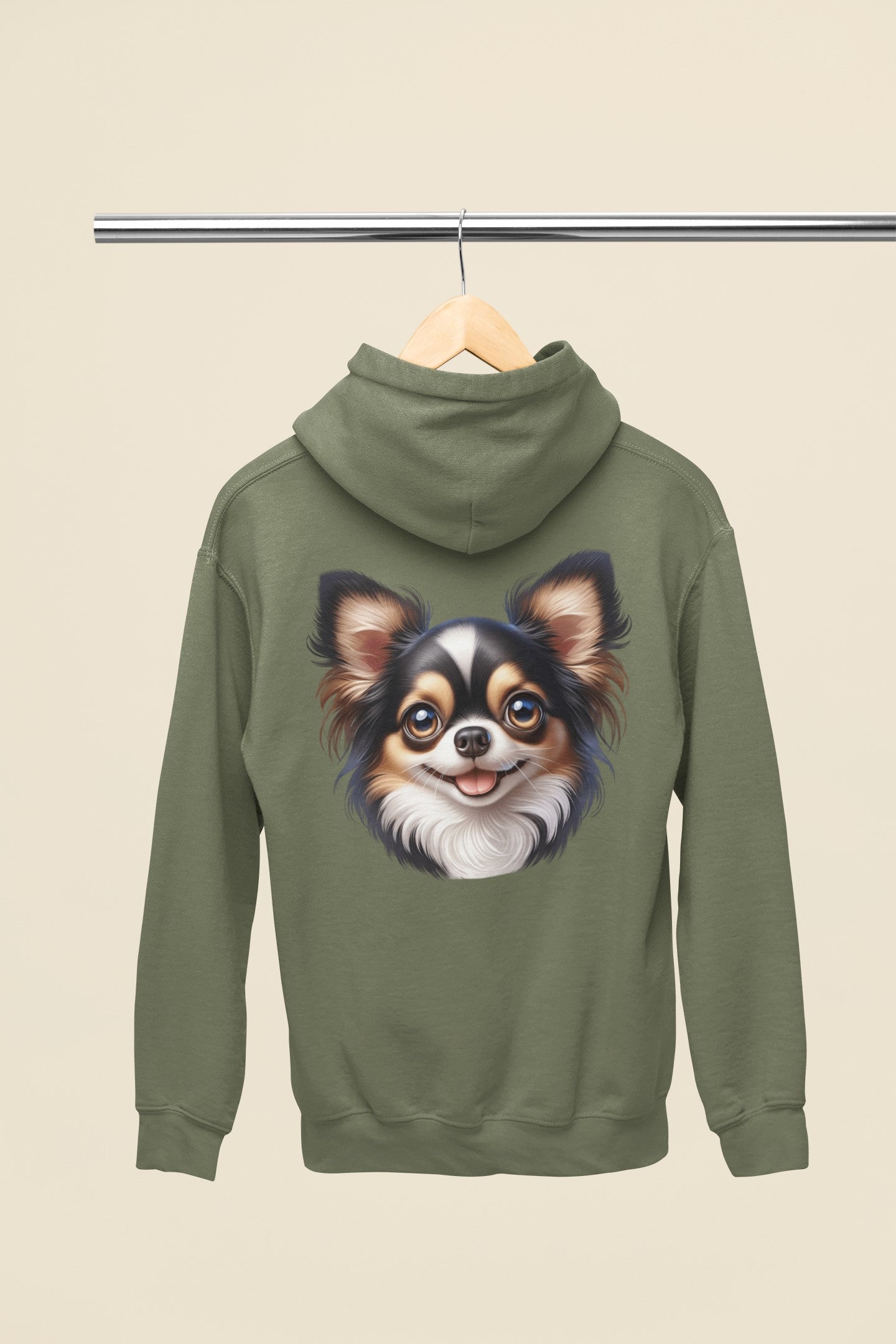 Chihuahua Tricolor Long Coat Cartoon Back Print Hoodie