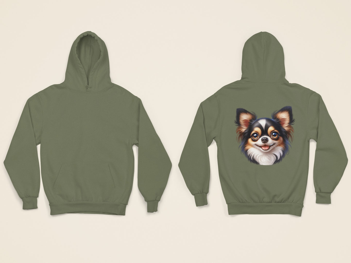 Chihuahua Tricolor Long Coat Cartoon Back Print Hoodie