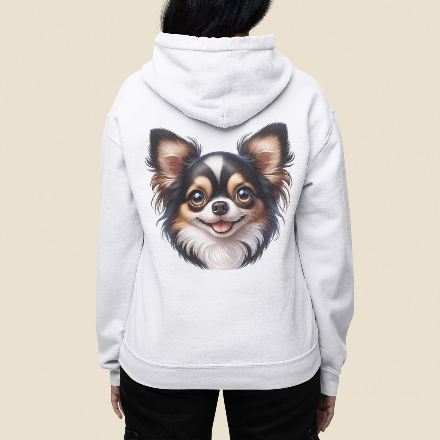 Chihuahua Tricolor Long Coat Cartoon Back Print Hoodie