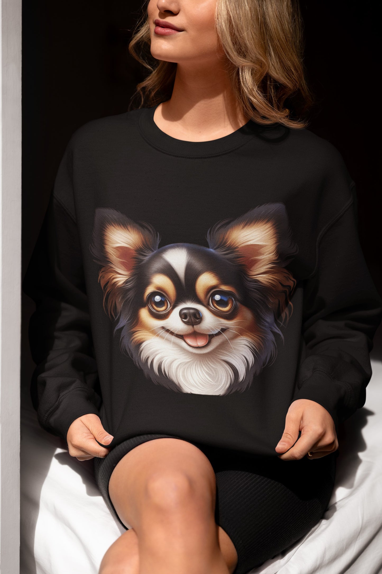 Chihuahua Tricolor Long Coat Cartoon Design Crewneck Sweatshirt