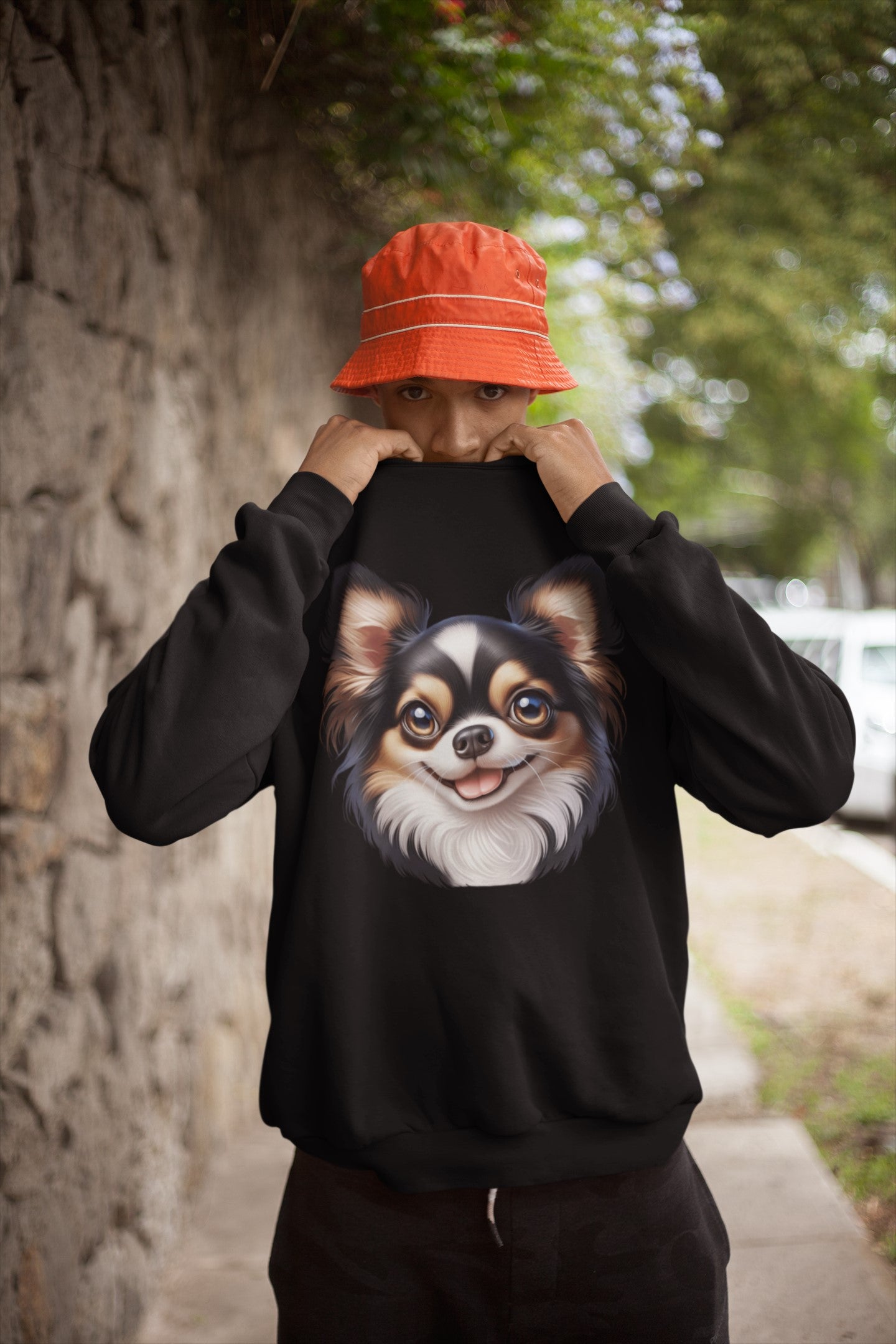 Chihuahua Tricolor Long Coat Cartoon Design Crewneck Sweatshirt