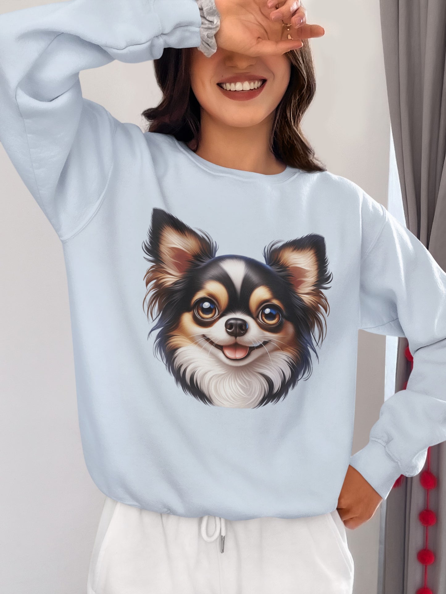 Chihuahua Tricolor Long Coat Cartoon Design Crewneck Sweatshirt