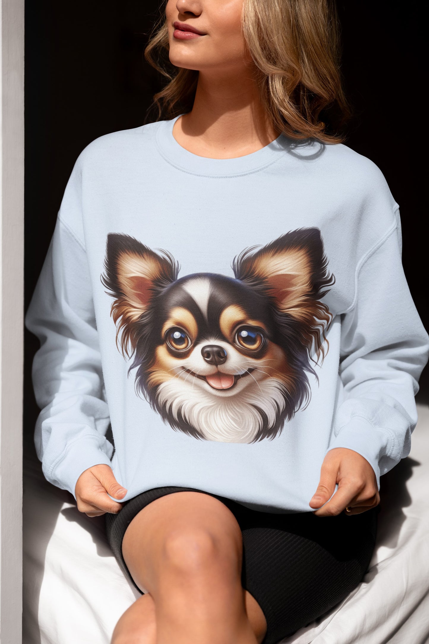 Chihuahua Tricolor Long Coat Cartoon Design Crewneck Sweatshirt