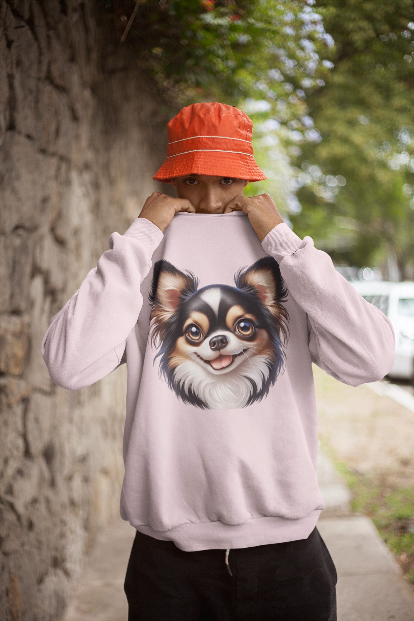 Chihuahua Tricolor Long Coat Cartoon Design Crewneck Sweatshirt