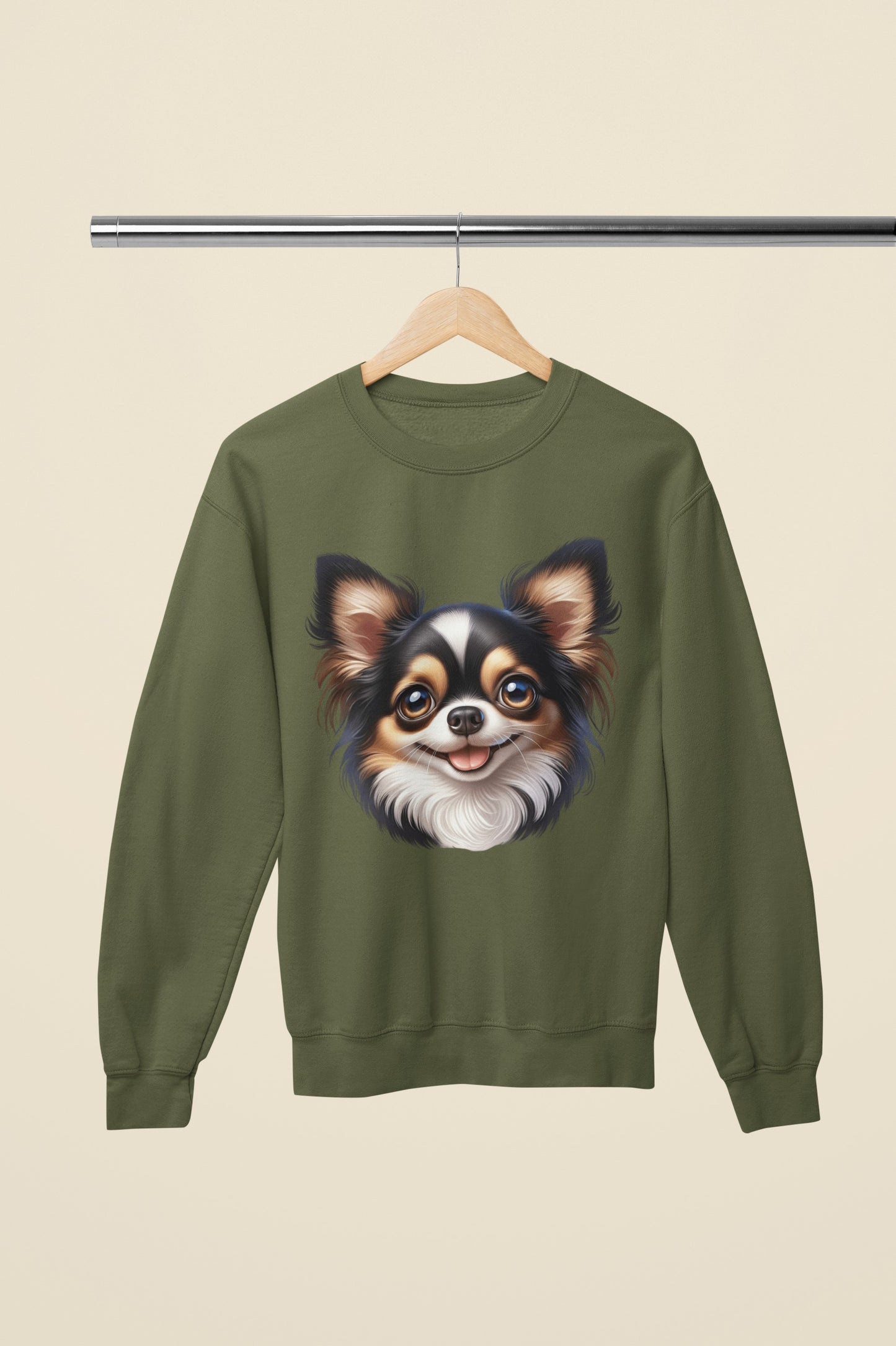 Chihuahua Tricolor Long Coat Cartoon Design Crewneck Sweatshirt