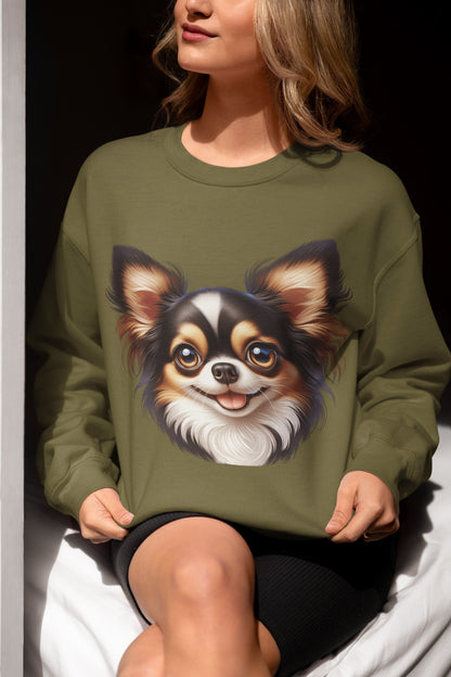 Chihuahua Tricolor Long Coat Cartoon Design Crewneck Sweatshirt