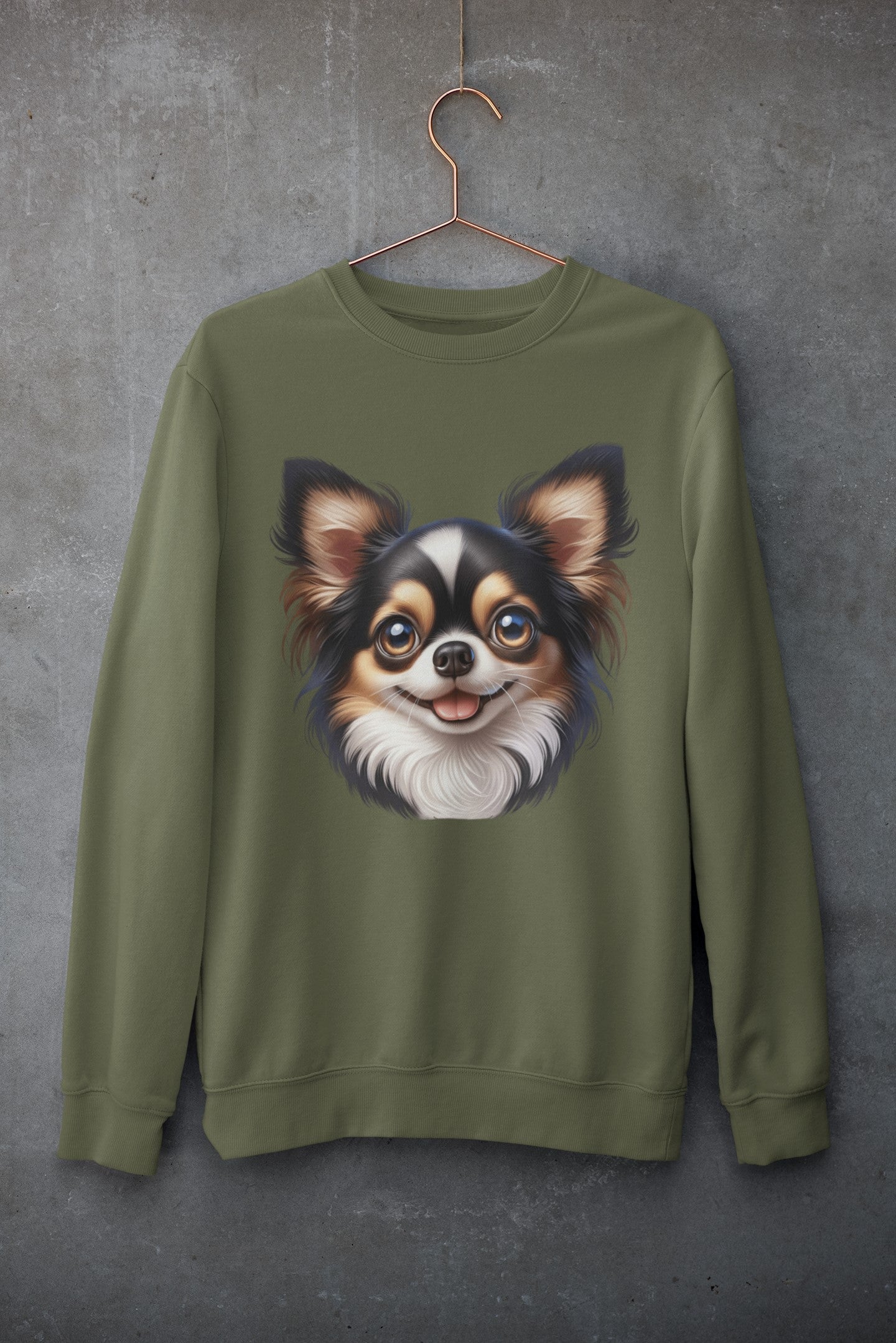 Chihuahua Tricolor Long Coat Cartoon Design Crewneck Sweatshirt