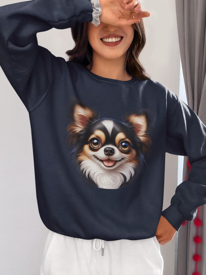 Chihuahua Tricolor Long Coat Cartoon Design Crewneck Sweatshirt