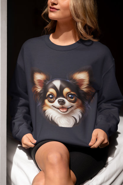 Chihuahua Tricolor Long Coat Cartoon Design Crewneck Sweatshirt